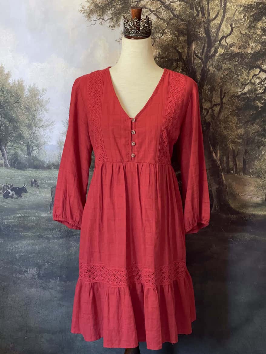 Historically Inspired Red Crochet Lace Peasant Dress with puff sleeves and tiered skirt. Renaissance & Medieval folk style.