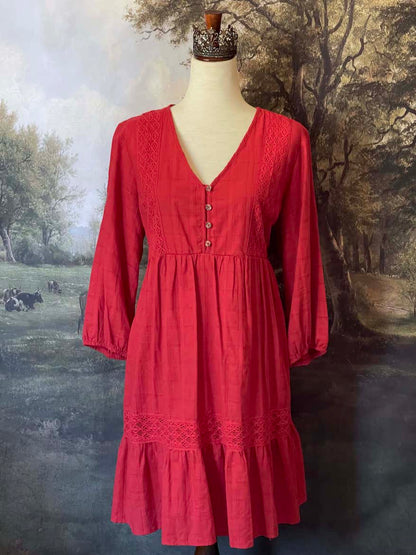 Historically Inspired Red Crochet Lace Peasant Dress with puff sleeves and tiered skirt. Renaissance & Medieval folk style.