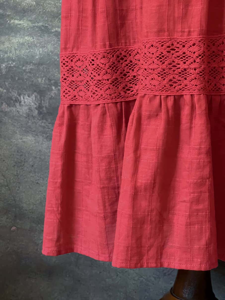 Historically Inspired Red Crochet Lace Peasant Dress with puff sleeves and tiered skirt. Renaissance & Medieval folk style.