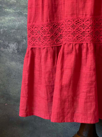 Historically Inspired Red Crochet Lace Peasant Dress with puff sleeves and tiered skirt. Renaissance & Medieval folk style.