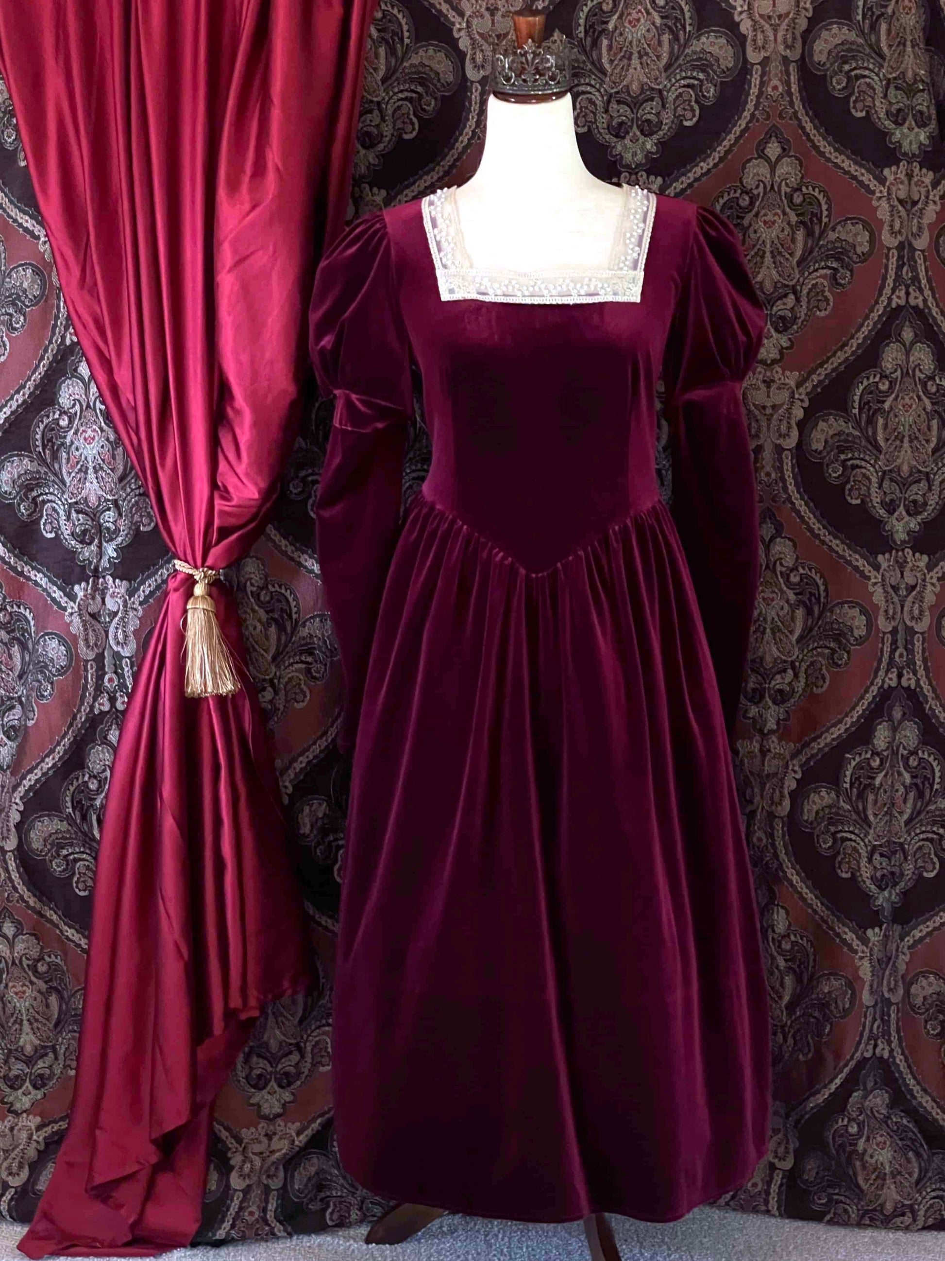 Renaissance and Tudor Era Velvet Juliet Sleeve Gown in Burgundy Yore Finery Renaissance and Tudor Era Velvet Juliet Sleeve Gown in Burgundy Yore Finery