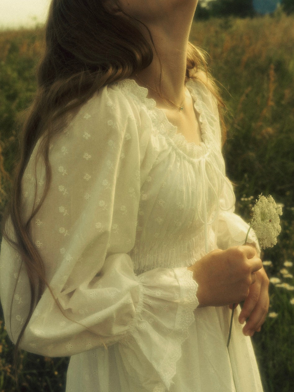 Historically Inspired Sheer Smocked Chemise Dress in White Floral Cotton S