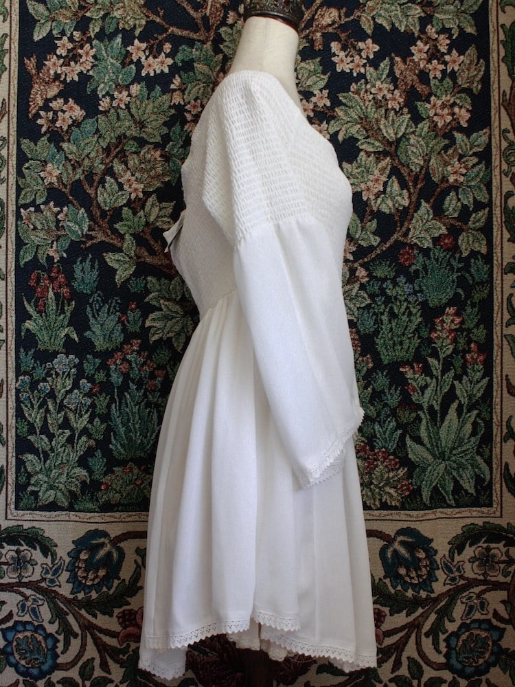Historically Inspired Bell Sleeve Smocked Chemise Dress in White, Renaissance, Medieval, Baroque style.