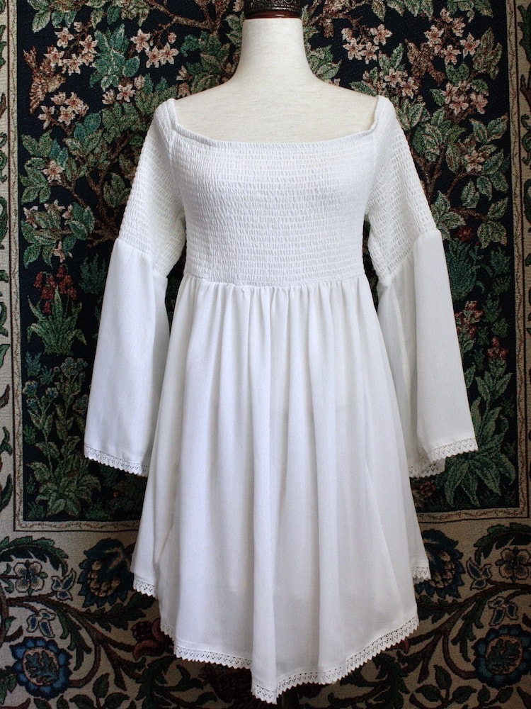 Historically Inspired Bell Sleeve Smocked Chemise Dress in White, Renaissance, Medieval, Baroque style.