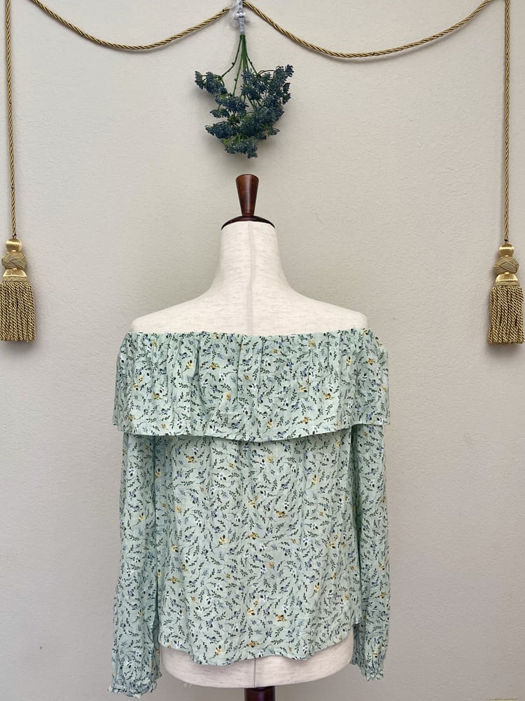 Victorian Inspired Mint Green Floral Off-Shoulder Peasant Blouse