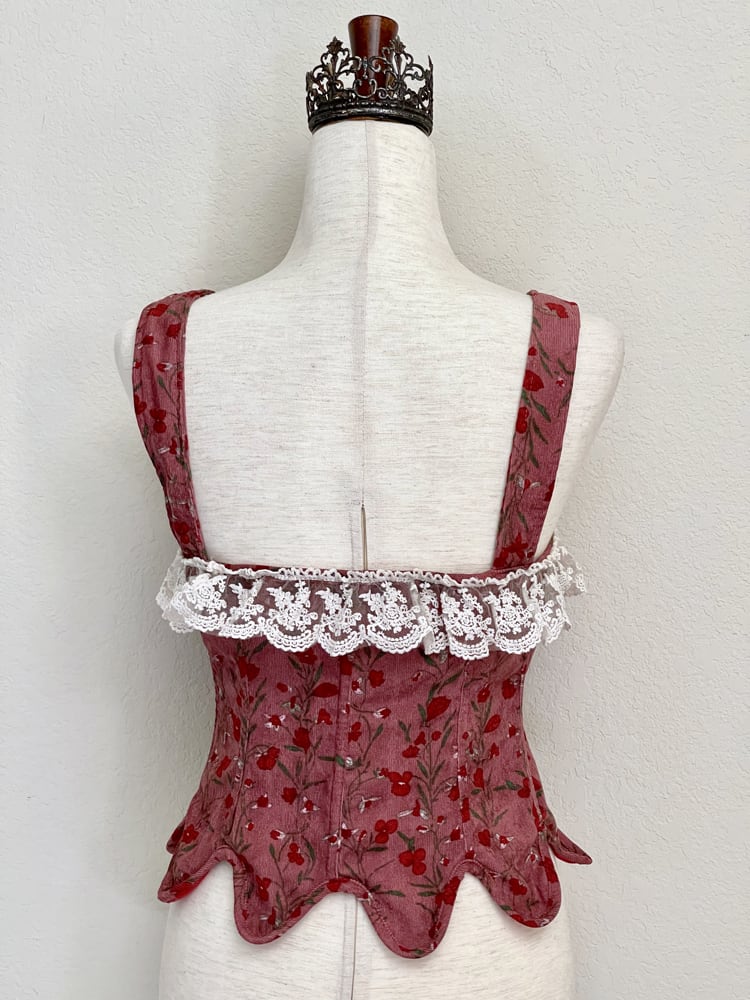 Red Floral 16th-18th Century Tabbed Corset Stays with Lace Trim