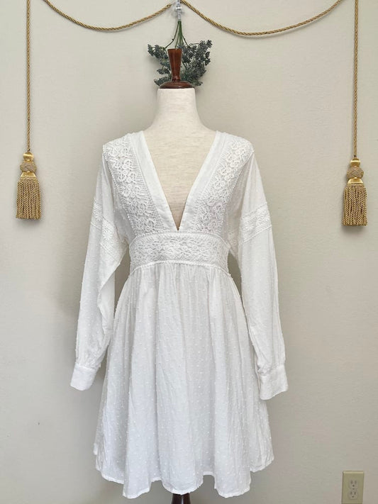 A Victorian or Edwardian inspired white cotton vneck bishop sleeve open back dress with crocheted lace details is pictured on a mannequin in front of a historically inspired background.