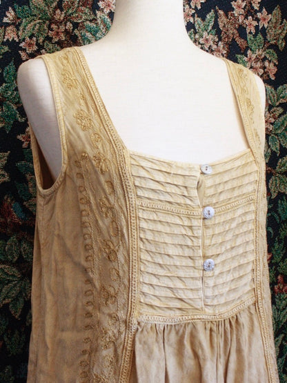 Historically Inspired Vintage 90's Medieval Fantasy Style Gold Embroidery Tank Top Blouse, with Botanical Floral Embroidery.