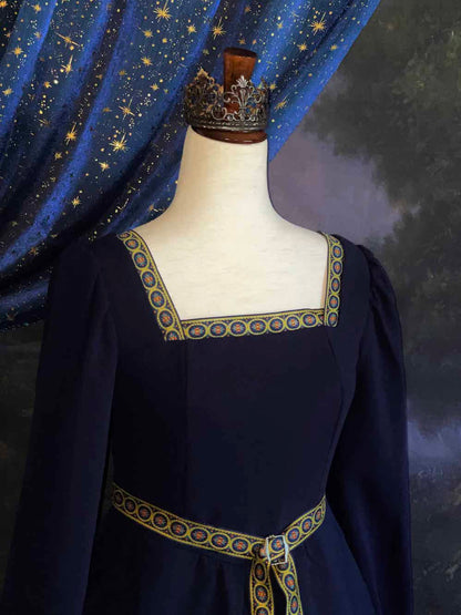 A Historically Inspired Tudor Style Medieval Renaissance Bishop Sleeve Square Neck Midi Dress with Embroidered trim and Detachable Belt, in Navy Saxon Blue x Gold.