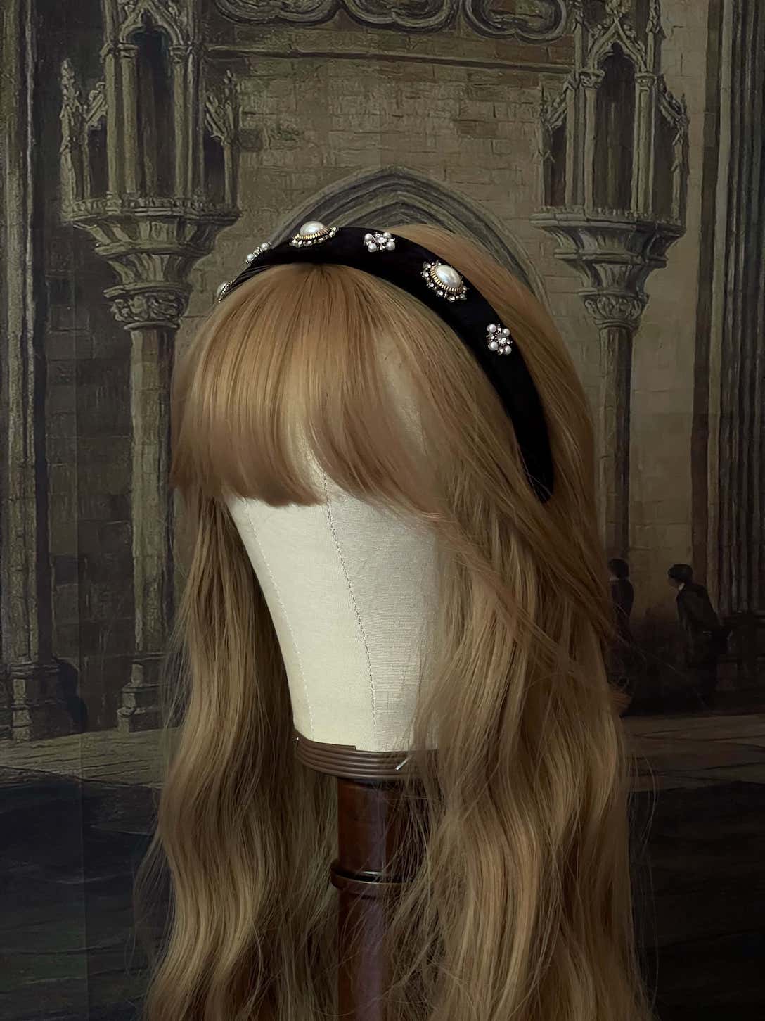 A Medieval, Tudor, & Renaissance Inspired ornate Jeweled Headband in Gothic Black Velvet.