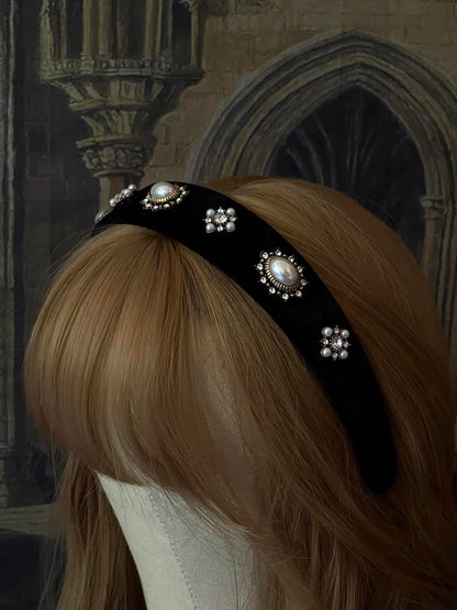A Medieval, Tudor, & Renaissance Inspired ornate Jeweled Headband in Gothic Black Velvet.