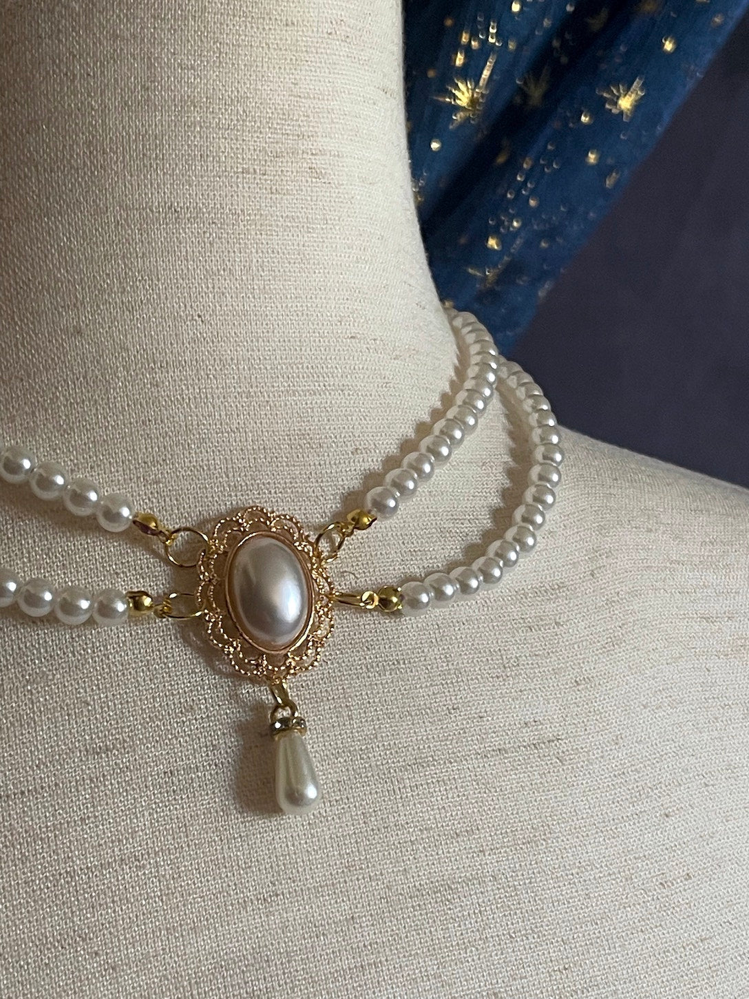A Victorian, Edwardian, Baroque, Regency, and Rococo Style Historically Inspired Dual-Strand Pearl Beaded Choker Necklace
