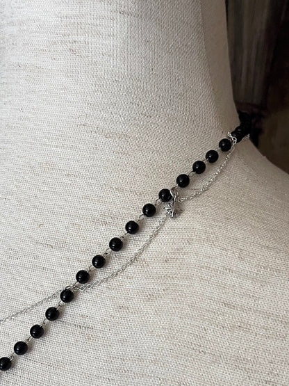 A Handmade Medieval Knight Inspired Gothic North Star Beaded Chain Necklace in Black x Silver.