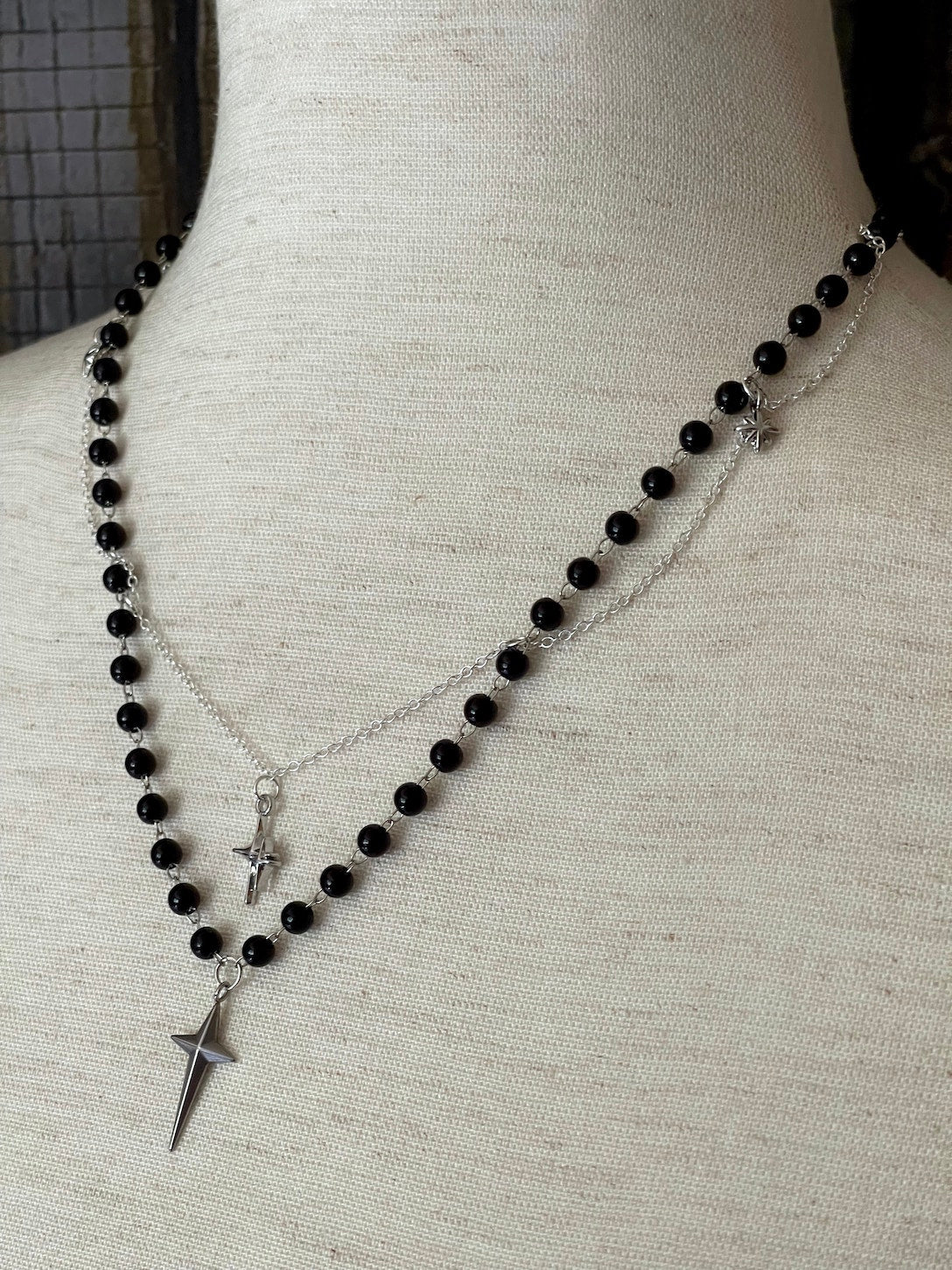 A Handmade Medieval Knight Inspired Gothic North Star Beaded Chain Necklace in Black x Silver.