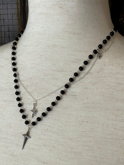 A Handmade Medieval Knight Inspired Gothic North Star Beaded Chain Necklace in Black x Silver.