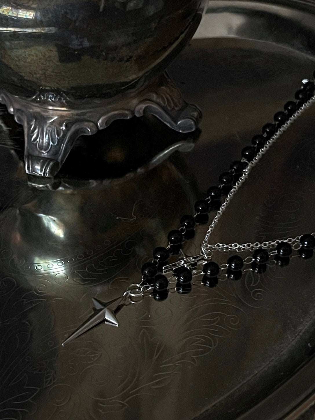 A Handmade Medieval Knight Inspired Gothic North Star Beaded Chain Necklace in Black x Silver.