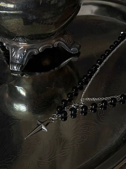 A Handmade Medieval Knight Inspired Gothic North Star Beaded Chain Necklace in Black x Silver.