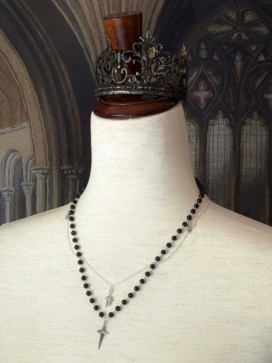 A Medieval Knight Inspired Gothic North Star Beaded Chain Necklace in Black x Silver.
