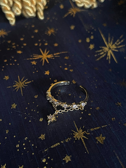A Historically Inspired Whimsigoth Medieval Renaissance Celestial Constellation Crystal Star Charm Dangle Ring in Gold