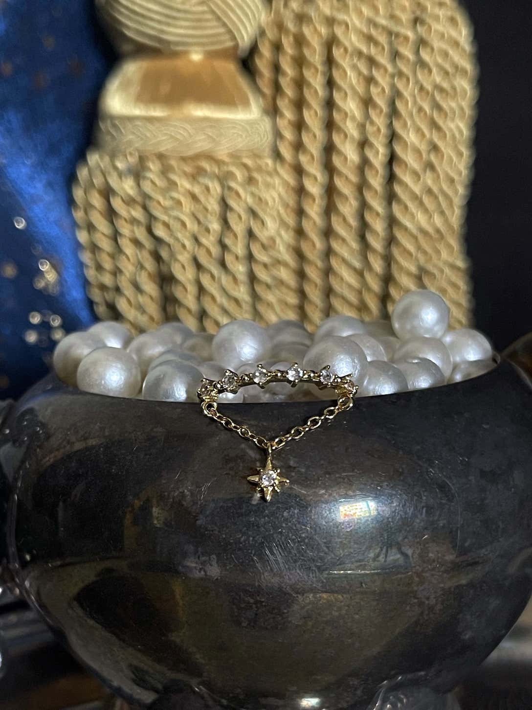 A Historically Inspired Whimsigoth Medieval Renaissance Celestial Constellation Crystal Star Charm Dangle Ring in Gold