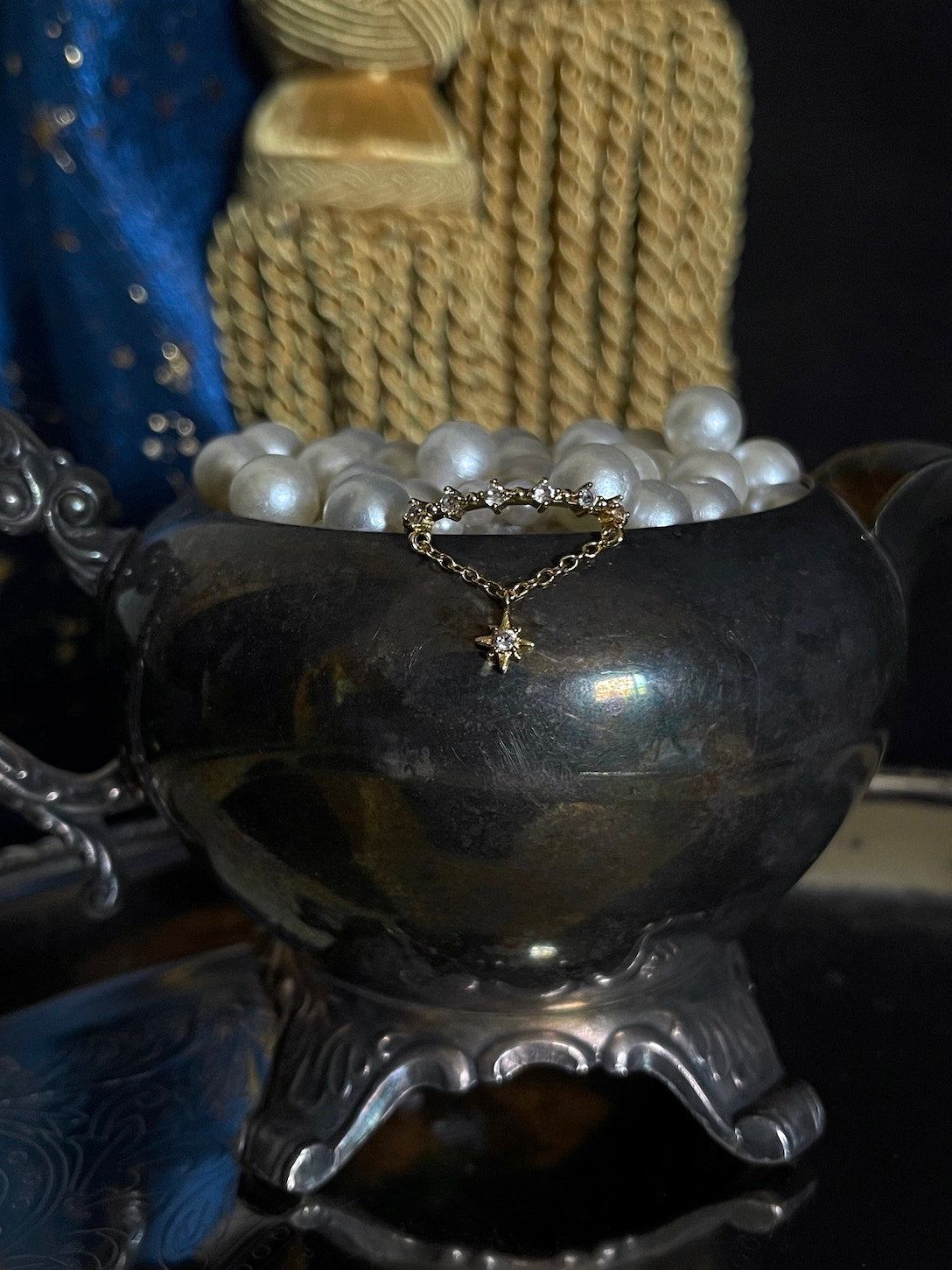 A Historically Inspired Whimsigoth Medieval Renaissance Celestial Constellation Crystal Star Charm Dangle Ring in Gold