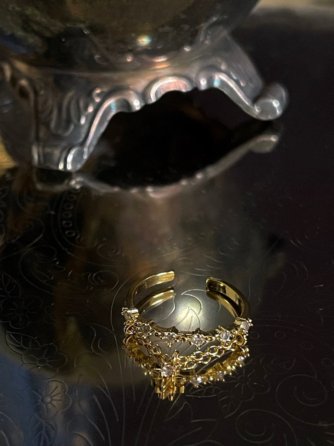 A Historically Inspired Whimsigoth Medieval Renaissance Celestial Constellation Crystal Star Charm Dangle Ring in Gold