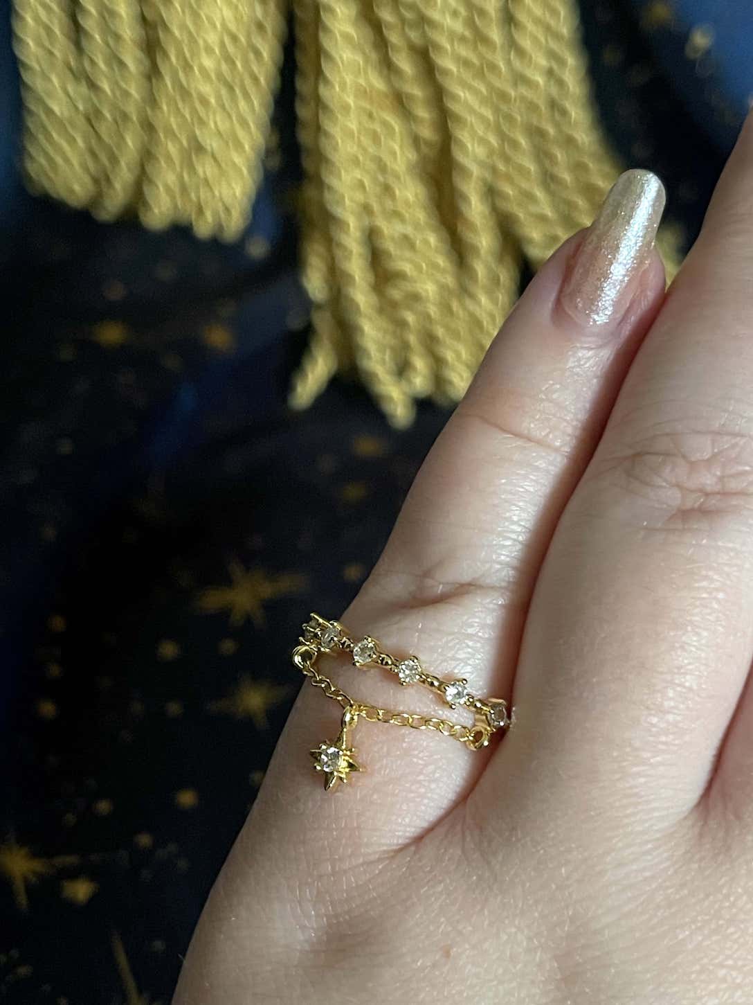 A Historically Inspired Whimsigoth Medieval Renaissance Celestial Constellation Crystal Star Charm Dangle Ring in Gold