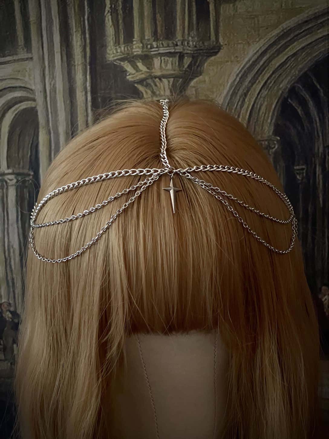 A Handmade Gothic Medieval Knight Inspired Chain Headdress Headpiece in Silver with North Star Charm