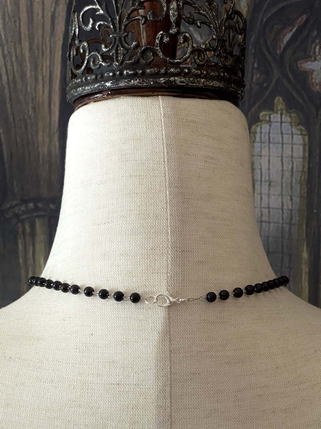 Handmade Medieval Gothic Metal Cross Rosary-Style Necklace in Black & Silver