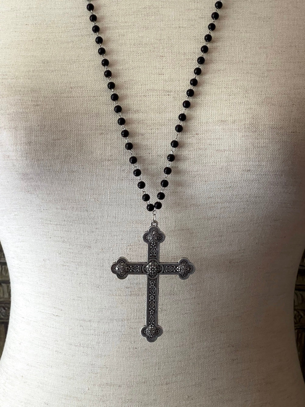 Rosary Inspired Gothic Bead Wrapped Necklace with Victorian Cross Pendant - Antiqued Black store Brass