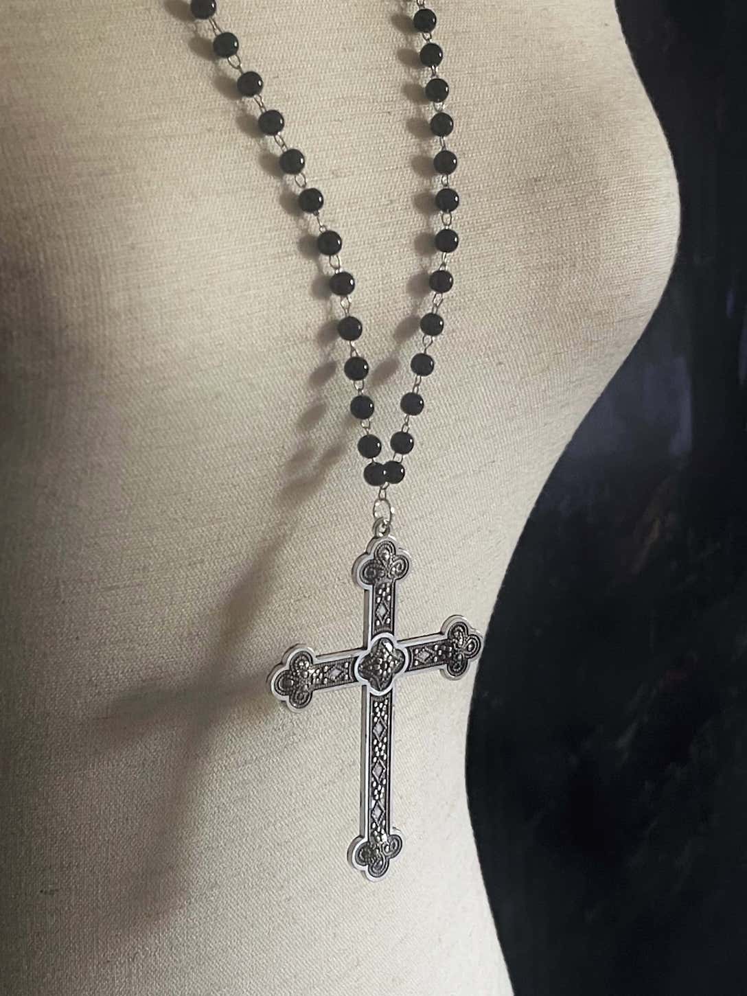 Rosary Inspired Gothic Bead Wrapped Necklace with Victorian Cross Pendant - Antiqued Black store Brass