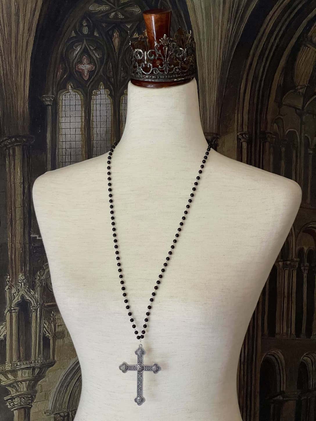 Handmade Medieval Gothic Metal Cross Rosary-Style Necklace in Black & Silver