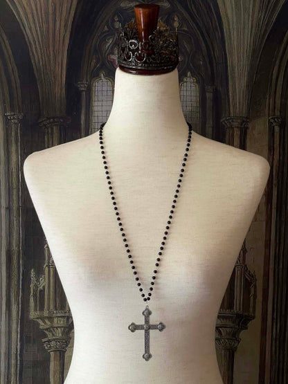 Handmade Medieval Gothic Metal Cross Rosary-Style Necklace in Black & Silver