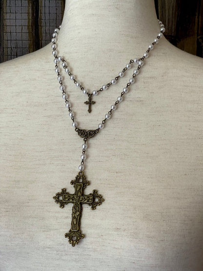 A Tudor and Renaissance Inspired Gothic Metal Cross Necklace in Bronze with Pearl Beaded Layered Chain.