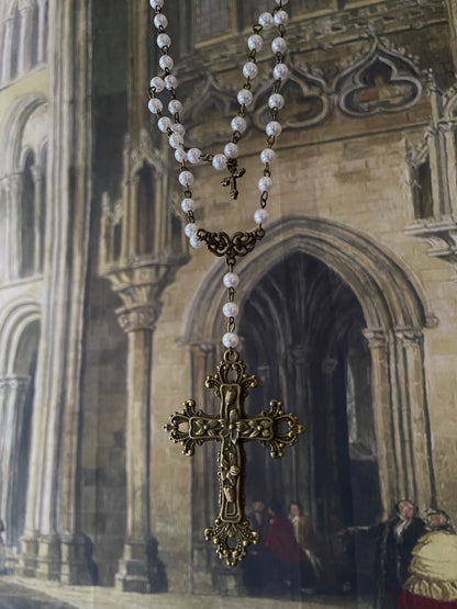 A Tudor and Renaissance Inspired Gothic Metal Cross Necklace in Bronze with Pearl Beaded Layered Chain.