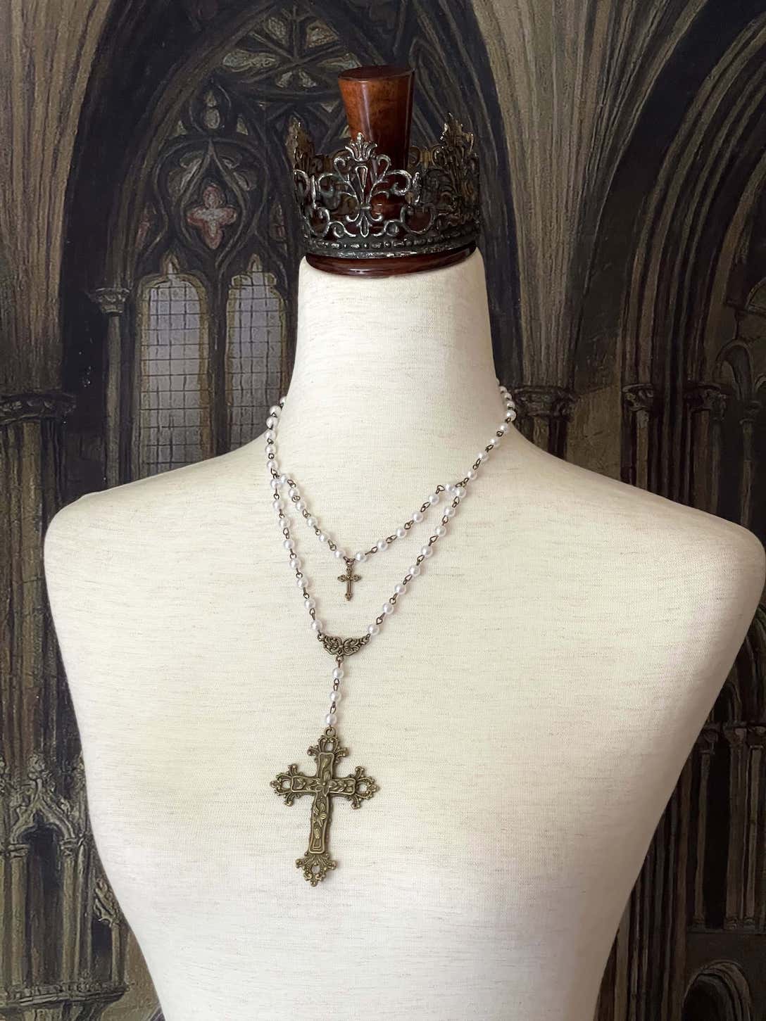 A Tudor and Renaissance Inspired Gothic Metal Cross Necklace in Bronze with Pearl Beaded Layered Chain.