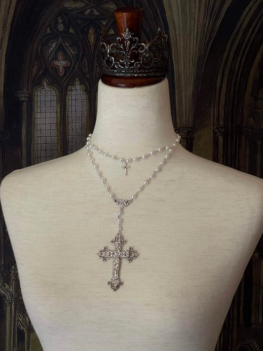 Tudor and Renaissance Inspired Gothic Metal Cross Necklace with pearl beaded layered chain in Silver.