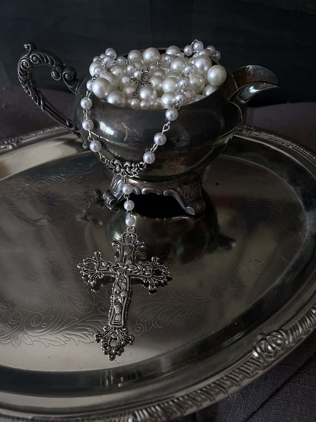 Tudor and Renaissance Inspired Gothic Metal Cross Necklace with pearl beaded layered chain in Silver.