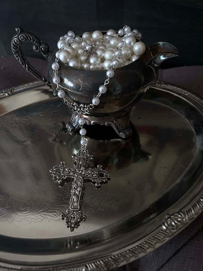 Tudor and Renaissance Inspired Gothic Metal Cross Necklace with pearl beaded layered chain in Silver.