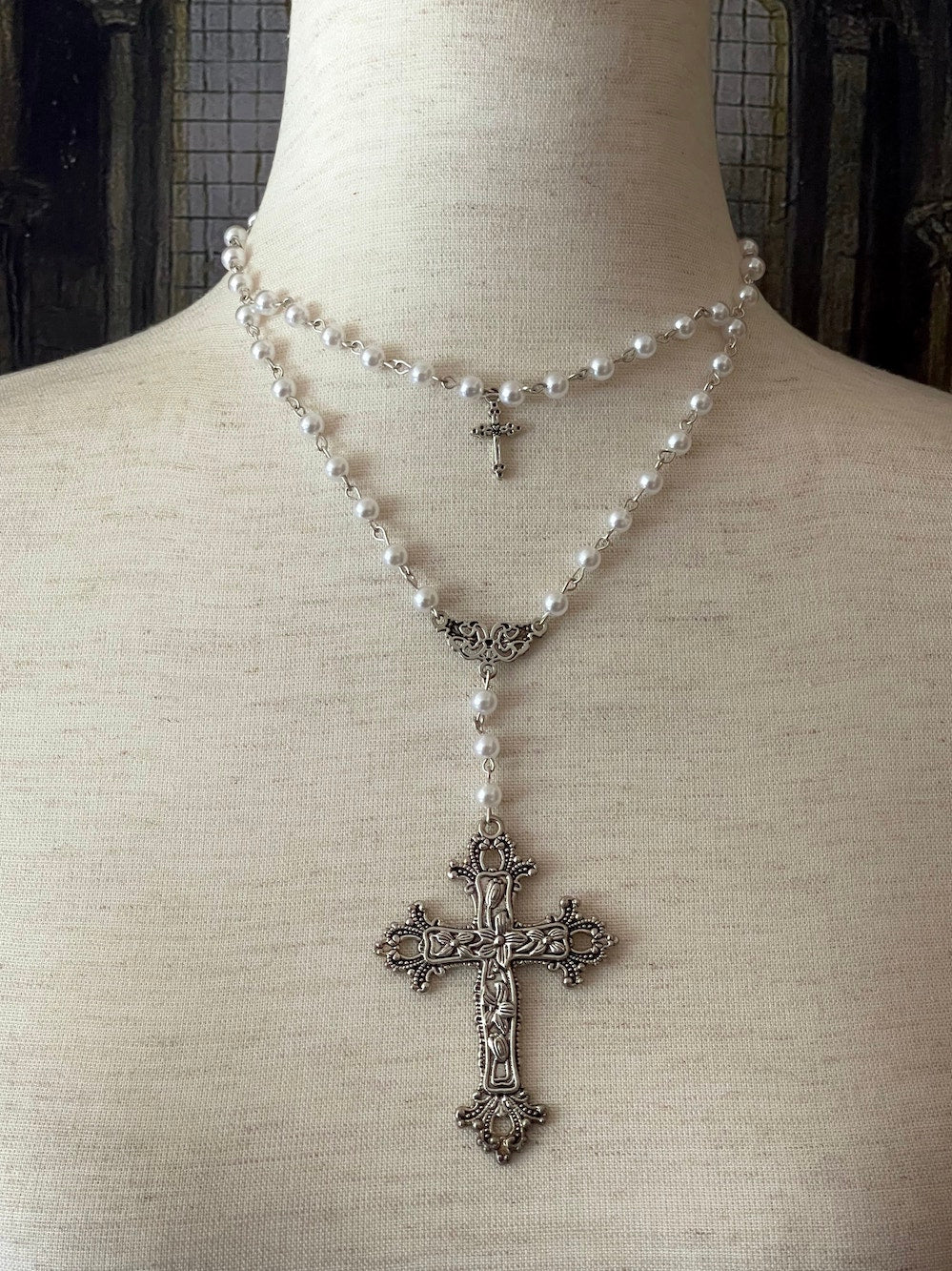 Tudor and Renaissance Inspired Gothic Metal Cross Necklace with pearl beaded layered chain in Silver.