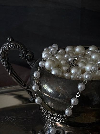 Tudor and Renaissance Inspired Gothic Metal Cross Necklace with pearl beaded layered chain in Silver.