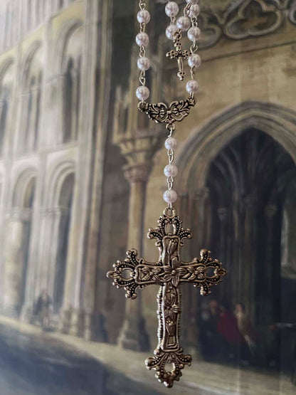 Tudor and Renaissance Inspired Gothic Metal Cross Necklace with pearl beaded layered chain in Silver.