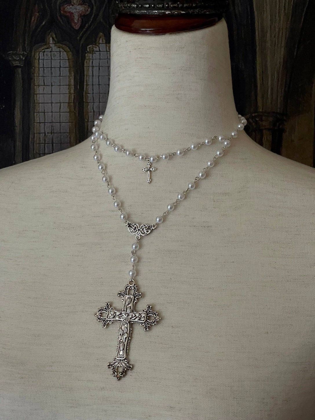 Tudor and Renaissance Inspired Gothic Metal Cross Necklace with pearl beaded layered chain in Silver.