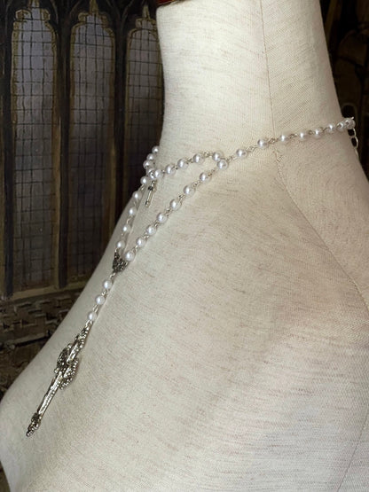 Tudor and Renaissance Inspired Gothic Metal Cross Necklace with pearl beaded layered chain in Silver.