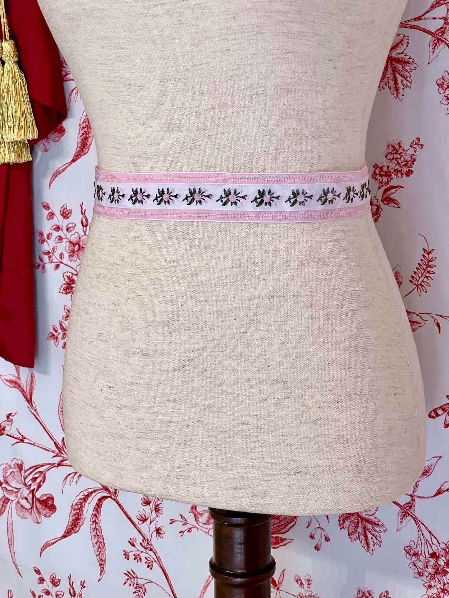 A Handmade Rococo and Regency Style Floral Ribbon Belt in Pink x White inspired by styles from the Rococo, Regency, Victorian, and Edwardian eras.