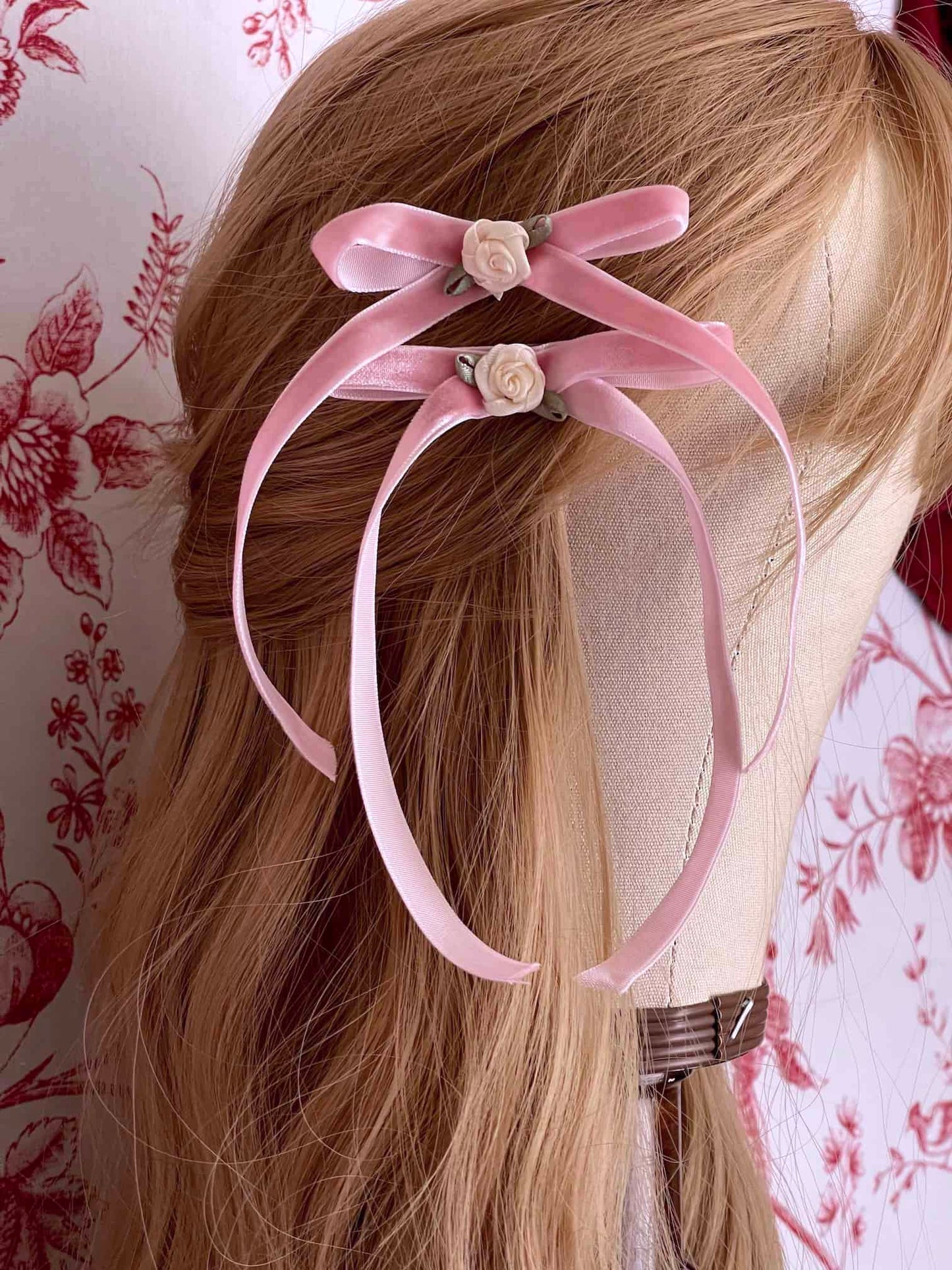 Historically inspired Rococo Regency and Victorian Style Handmade Velvet Ribbon Bow Rosette Hair Clips in Ballerina Pink.