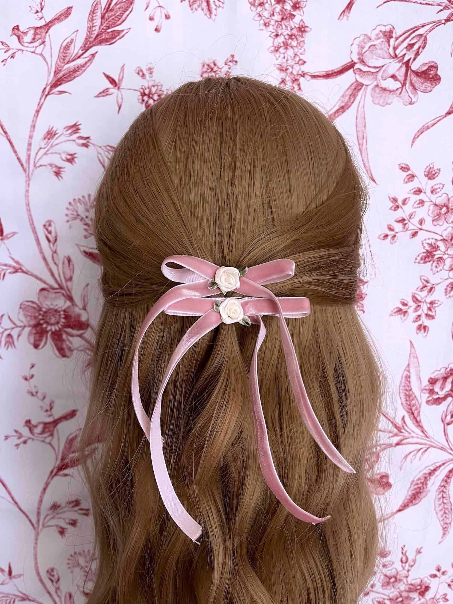 Historically inspired Rococo Regency and Victorian Style Handmade Velvet Ribbon Bow Rosette Hair Clips in Ballerina Pink.