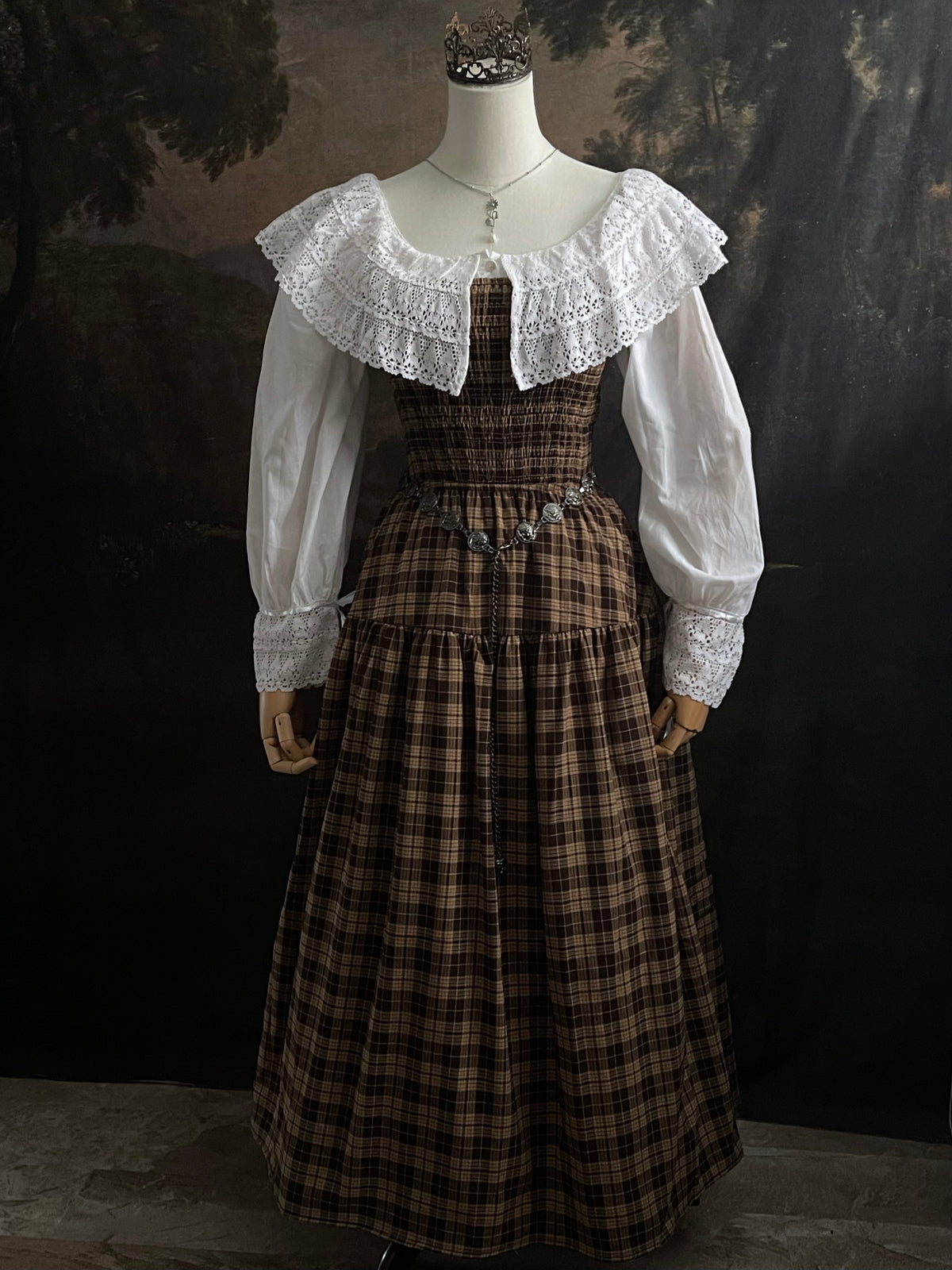 Styled outfit using a historical fashion inspired brown tartan plaid maxi dress and a collared white blouse