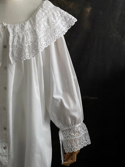 A Baroque to Victorian era historically inspired white cotton chemise dress with large crochet lace collar and bishop sleeves