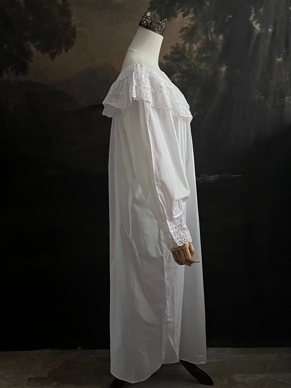 A Baroque to Victorian era historically inspired white cotton chemise dress with large crochet lace collar and bishop sleeves